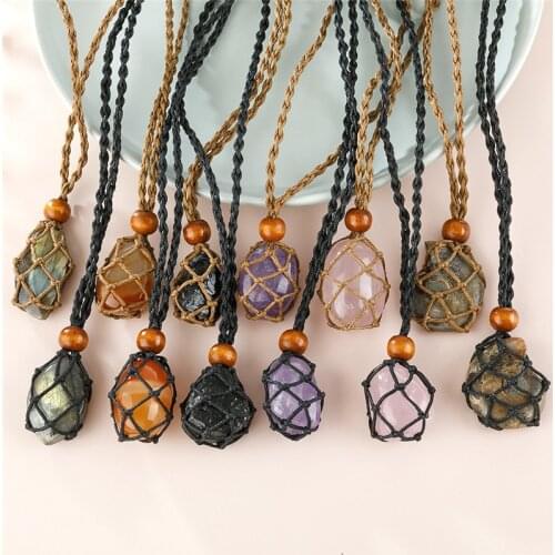 20*35cm Raw Quartz Crystals Necklace with String Macrame Wrapped Net Natural Stone Necklace for Men Women Healing Jewelry 70cm
