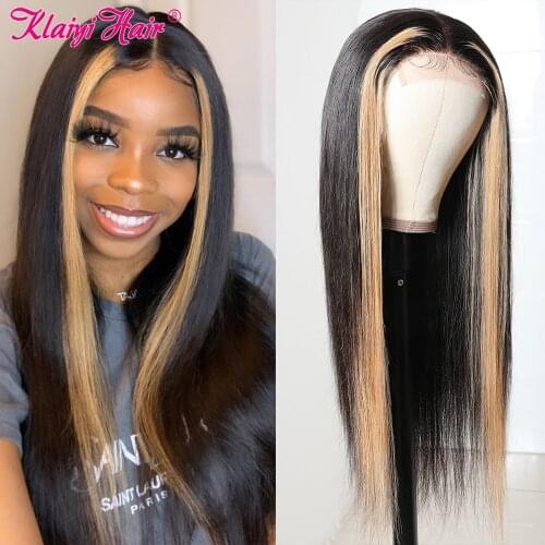 Klaiyi Hair Straight Three Part Lace Part Wig Colored Human Hair Wigs For Women Brazilian Remy Hair Face Frame Highlight Wig