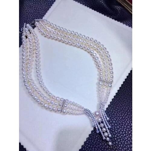 Hand knotted 3rows natural 7-8mm white freshwater pearl micro inlay zircon accessories clavicle necklace fine jewelry