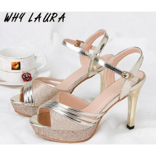 Peeptoe fish mouth women summer shoes silver and gold buckle heels women sandals office stripper shoes