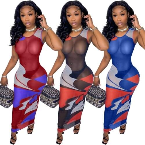 Sexy Sleeveless Mesh Bodycon Dress 2021 Fashion Printed See Through Long Dresses Women Summer Nihgt Club Party Maxi Sundresses