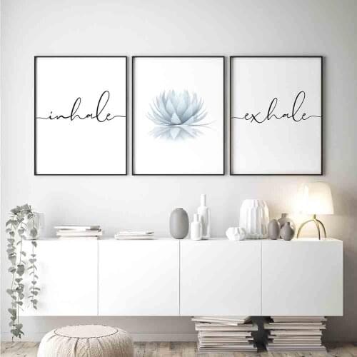 Bule Lotus Print Zen Yoga Wall Art Canvas Painting Picture Inhale Exhale Quotes Modern Minimalist Poster Home Room Decoration