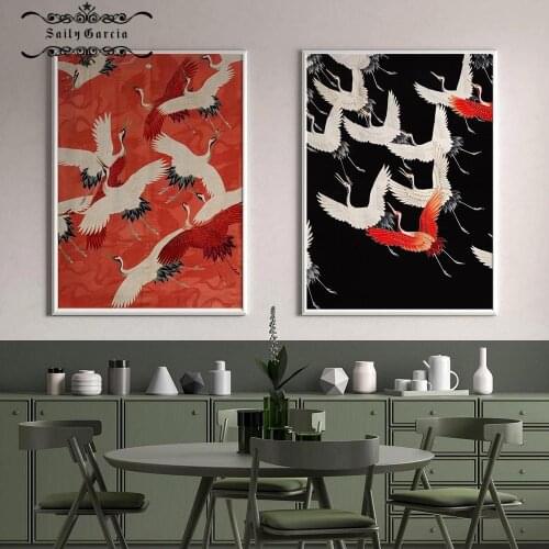 Modern Retro Red White Crane Exhibition Posters Prints Animal Abstract Wall Art Canvas Painting Bedroom Unique Decor Pictures