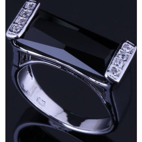 Classy Rectangle Black Cubic Zirconia White CZ Silver Plated Ring V0652
