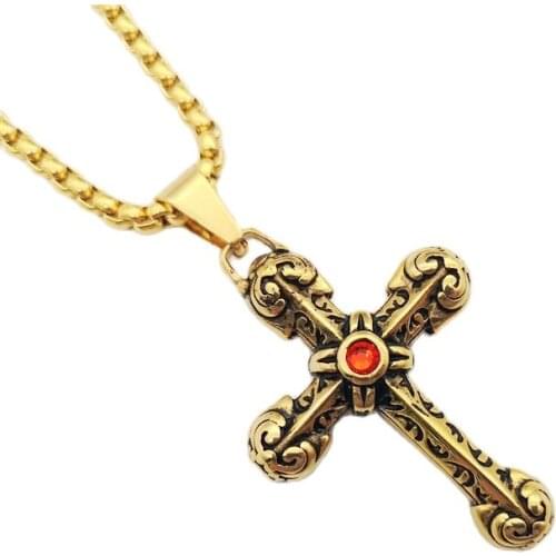 2019 Vintage stainless steel Red CZ stone cross pendant & hip hop Necklace retro color mens cool carved cross necklace fashion