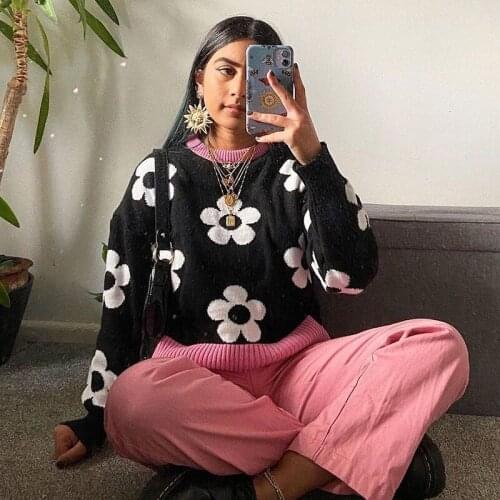 Y2k Streetwear Flower Print Long Sleeve Women Sweater O Neck Patchwork Loose Autumn Casual Female Tops Pullovers Fashion 2021