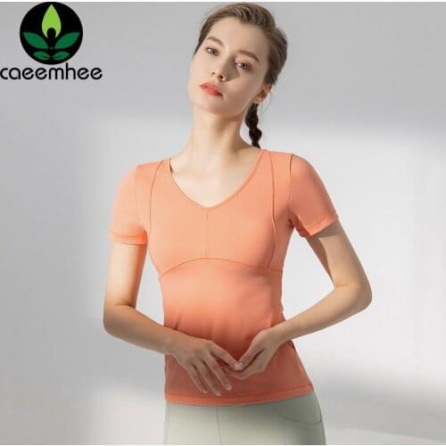 CAEEMHEE Workout Running T-shirts Women V Neck Padded Fitness Shirts Hollow Out Short Sleeve Yoga Tops Female Gym Sports Top