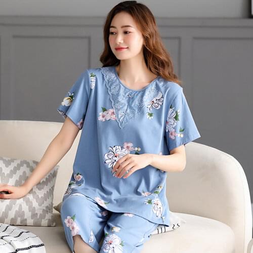 Women Summer 100% Cotton Pajamas Pajama Set Flower Print Sweet Sets Short Sleeve Calf-Length Pants Sleepwear Pijama Homewear 3XL