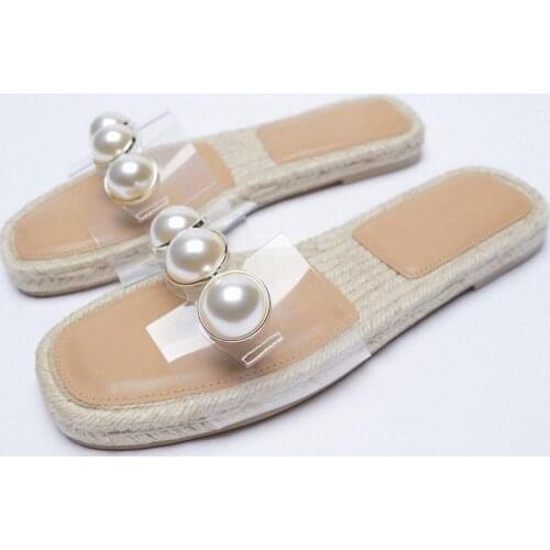 LMCAVASUN Womens Sandals 2021 Summer New Womens Natural Color Transparent PVC Pearl Inlaid Jute Flat Sandals