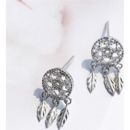 Sole Memory Fashion Zircon Dream Catcher Feather Leaves Pendant 925 Sterling Silver Fashion Female Dangle Earrings SEA542
