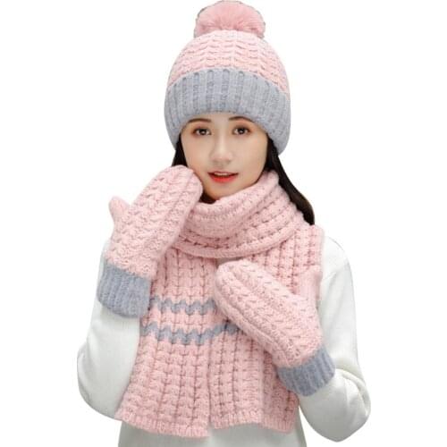 2020 Winter Fashion Pompom Women Hats Scarf Gloves Set Girls Hat Caps Ski Beanies Skullies Warm Velvet Thick Winter Beanies Hat