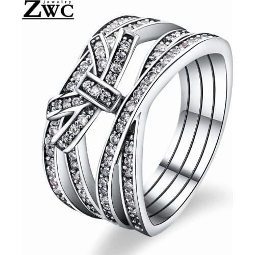 ZWC New Fashion Premium Bow Zircon Ring for Women and Girls Party Charm Crystal Wide Intertwined Rings Jewelry Gift