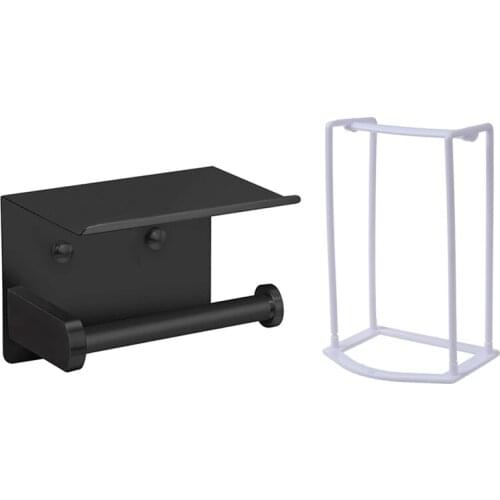 1 Pcs Clothes Hanger Stacker Holder Storage Organizer Rack(White) & 1 Set Toilet Paper Holder with Phone Shelf Black