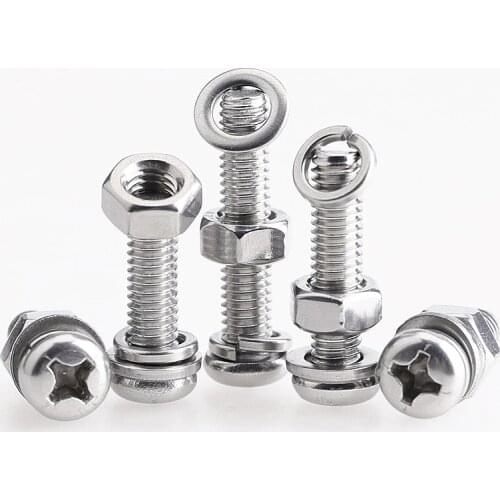 10sets/5sets M4M5M6M8M10 304 stainless steel cross round head screw national standard screw bolt flat washer spring washer set