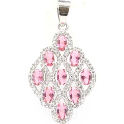 45x26mm Romantic Long Rose Shape Created White Sapphire Pink Kunzite For Ladies Bride Wedding Silver Pendant