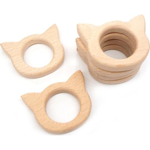 Chenkai 10pcs Cat Wooden Teether Ring Nature Baby Rattle Teething Grasping Toy DIY Organic Eco-friendly Wood Gift Accessories