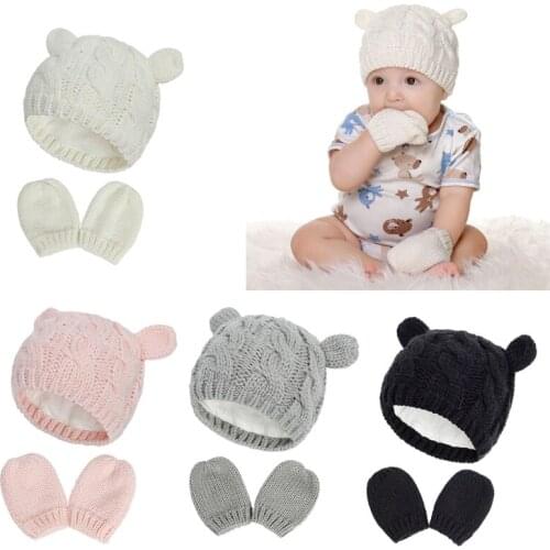 Baby Hat and Mittens Set Kids Knitted Cotton Beanie Cap Winter Warm Boys Girls Double Pompom Hats Gloves