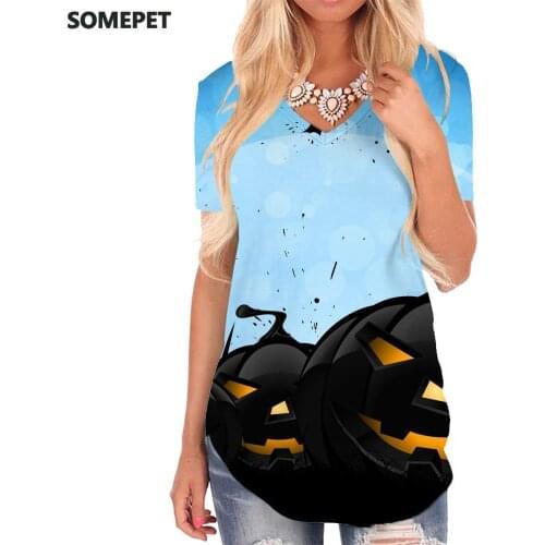 SOMEPET Halloween T-shirt women Pumpkin Tshirts Printed Bat Shirt Print Moon V-neck Tshirt Womens Clothing Hip hop Printed