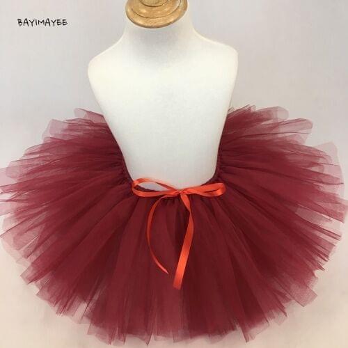 Hot Baby Girls Burgundy Tutu Skirt Kids Ballet Tulle Dance Pettiskirts Underskirts with Ribbon Bow Children Party Costume Skirts