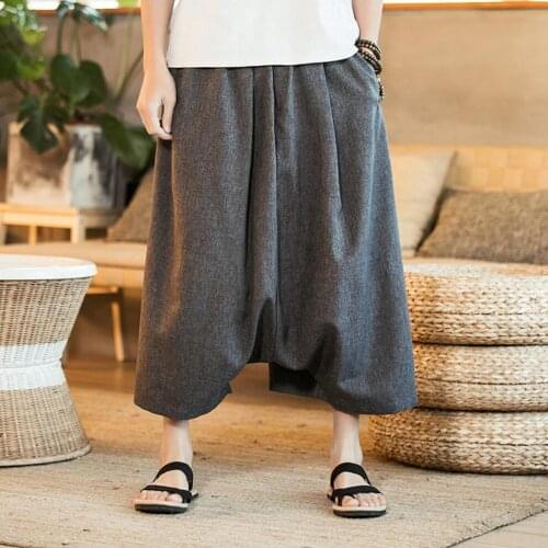 M-5xl Spring And Summer Mens Wide Leg Pants Chinese Style Casual 7 Pants Plus Size Loose Comfortable Skirt Pants Cross Pants