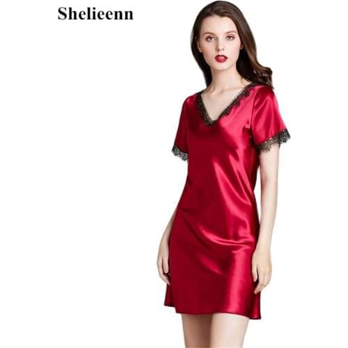 Summer Sleepwear for Women Short Sleeve V-Neck Sleepshirts Imitation Silk Nightgowns Women Night Gown Sexy Sleeping Dress