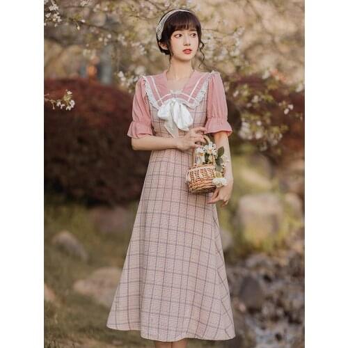 2021 Summer New Womens Navy Collar Bowknot Puff Sleeve Plaid Mid-Length Temperament Dress Literary Girl College Style Dress