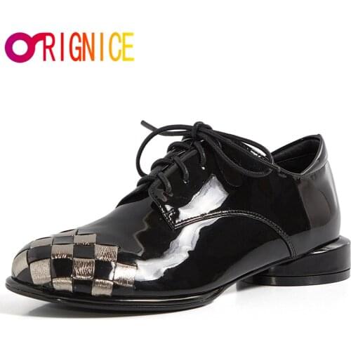 Orignice New Arrival Weave Round Toe Women Patent Leather Pumps Mixed Color Lace Up Casual Street Shoes Plus Size 34-43 Handmade