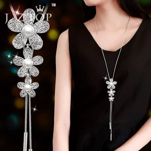 JZTOP Flowers Crystal Imitation Pearl Necklace Exquisite Tassel Pendant Long Sweater Chain Female Fashion Collier Jewelry