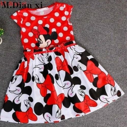 Girls Dress 2021 Summer New Girls 100% Cotton Round Neck Sleeveless Big Dot Minnie Cartoon Short-sleeved Dress 3-7Y