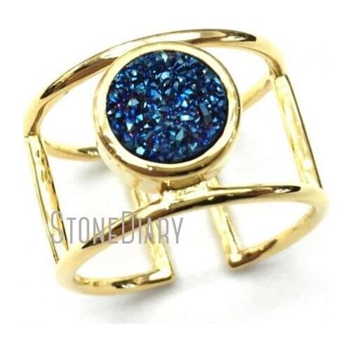 Double Wrapped Titanium Blue Druzy Crystal Pure Gold Color Round Shape Ring Copper Ring Sale Adjustable RM12703