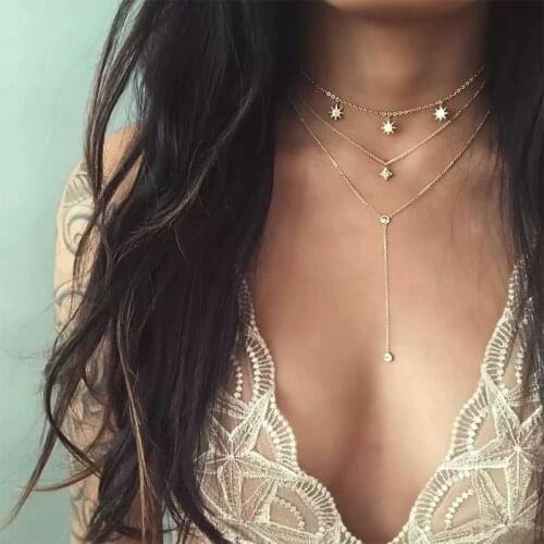 Luxury Long Multilayer Gold Chain Necklace Women Jewelry Lady Wedding Party Jewelry Gifts Creative Female Star Pendant Necklaces