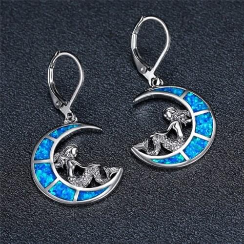 Rose Gold Silver Color Drop Earrings Cute Moon Blue Opal Dangle Earrings Vintage Dainty Mermaid Earrings For Women Party Jewelry