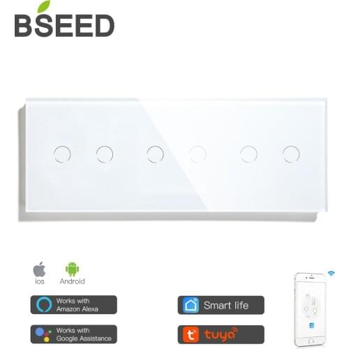 Bseed 6 Gang WifI Touch Switch Single Live 228mm Light Switch White Crystal Class Panel Switch Work With Tuya Google Smart Home