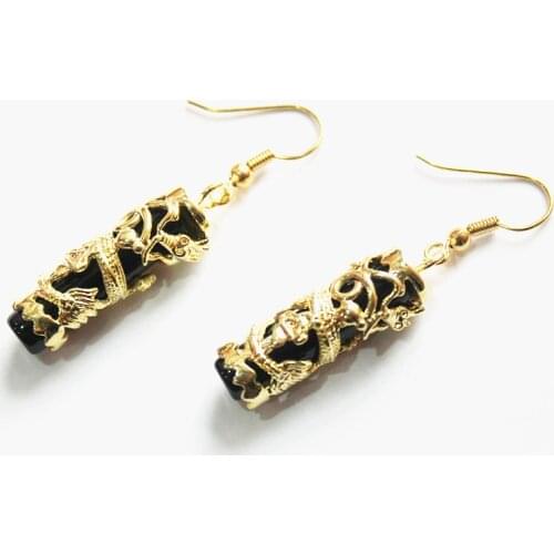 Free Shipping fancy black natural jade FINE JEWELRY Dragon Earring