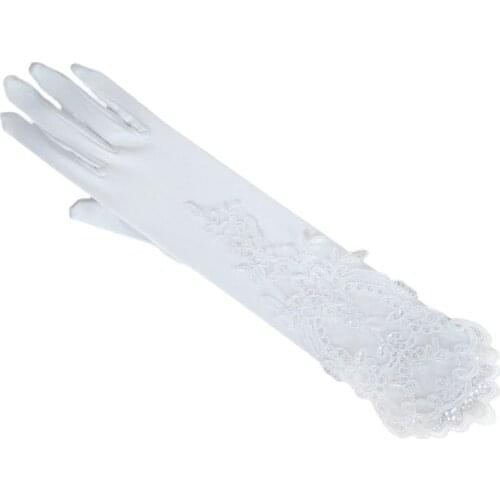 Wedding Bridal Long Gloves Hollow Embroidery Sequins Floral Lace Satin Mittens