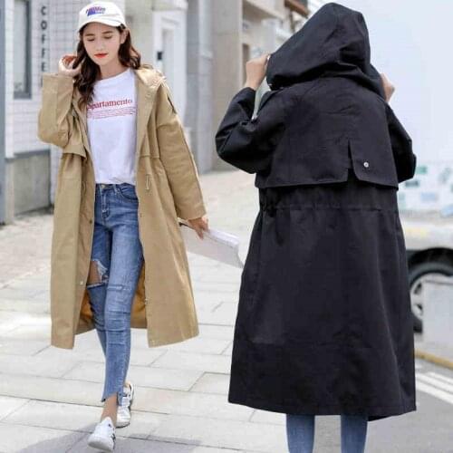 2019 New Hooded Windbreaker Long Section Middle School Students Spring Autumn Wild Chic Loose Jacket Female Casual Outwear f1626