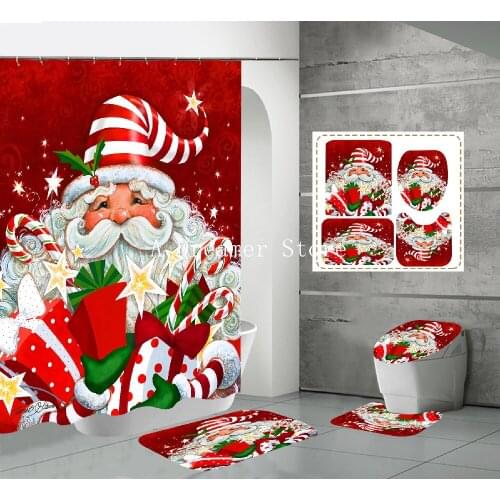 New Year Christmas Printed Shower Curtain Kids Waterproof Carpet Floor Mat Bath Sets Toilet Cover Mat Non-Slip Washroom Rug