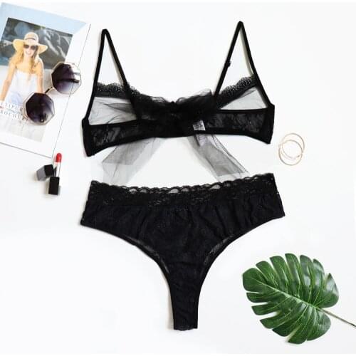 Womens plus size sexy underwear set Womens sexy hollow bow wireless perspective bra + panties underwear set белье женское 40