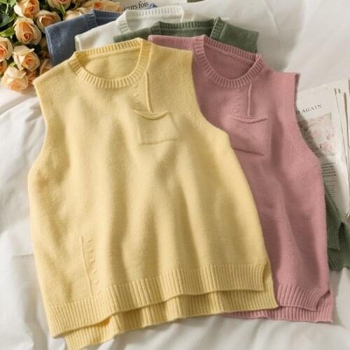 Solid Yellow Striped Sweater Vests Cropped Female Casual Sleeveless Twist Knitting Pullovers Tops Sueter Mujer Office Lady