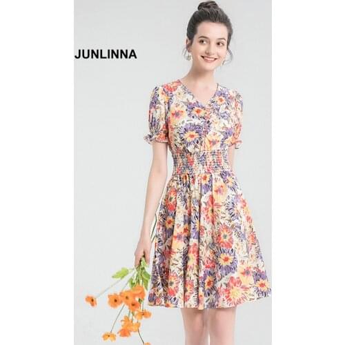 Princess Dress 2021 Summer New Women Cotton Blending Dresses V Neck Short Flare Sleeve Elastic Waist Casual Printed Vestidos