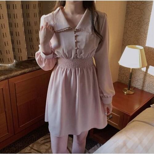 2021 New Women Summer Sweet Chiffon Mini Shirt Dress Peter Pan Collar Elastic High Waist A-line Short Sundress Small Girl
