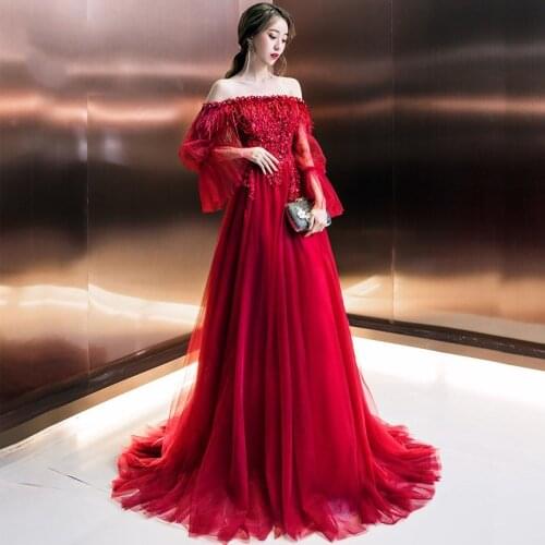 2020 New Summer Long Evening Dress Boat Neck Off the Shoulder Full Sleeve Beading Ruffles a Line Prom Party Dresses a Line