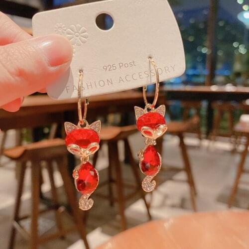 2021 New Trendy Fox Sexy Red Rhinestone Animal Hoop Earrings Temperament Personality Design Luxurious Womens Earrings Jewelry
