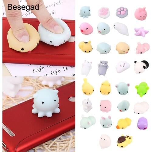Besegad 30PCS/ Lot TPR Kawaii Cute Cat Panda Bear Rabbit Chick Squishy Squeeze Cartoon Healing Fun Toy Relieves Stress Anxiety