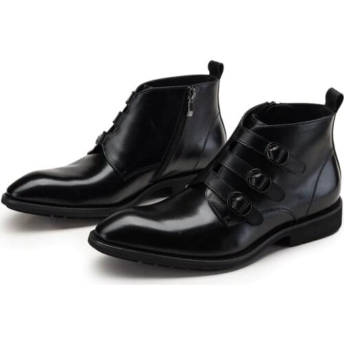 Fashion Black Three Buckles Ankle Boots Mens Casual Shoes Genuine Leather Motorcycle Boots Male Outdoor Shoes