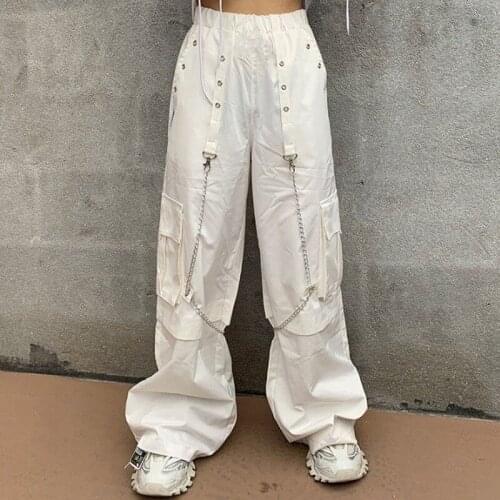 Harajuku Gothic White Cargo Pants with Chain Women Mall Goth Hippie Moda Punk Loose Baggy Oversize Korean Style Trousers