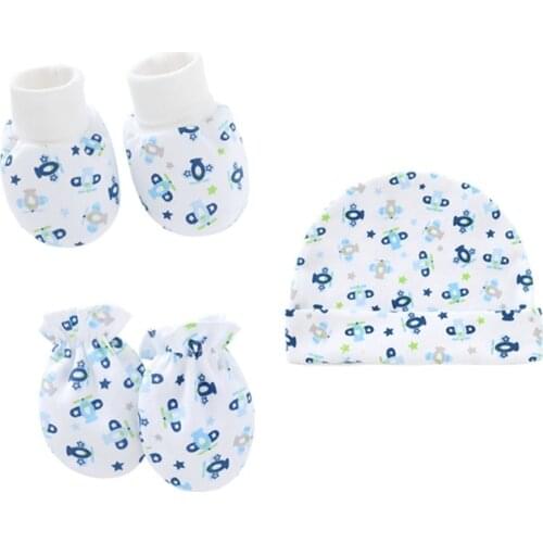 Baby Cartoon Anti-scratch Gloves Hat Foot Cover Set Handguard Cotton Mittens Beanie Socks Kit for Infant Newborn Headwear