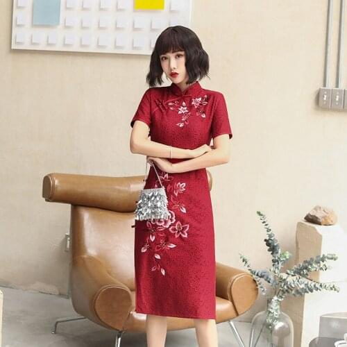 FZSLCYIYI Sexy New Female Lace Cheongsam Elegant Women Novelty Slim Qipao Short Sleeve Chinese Dress Vestidos Size S-XXXL