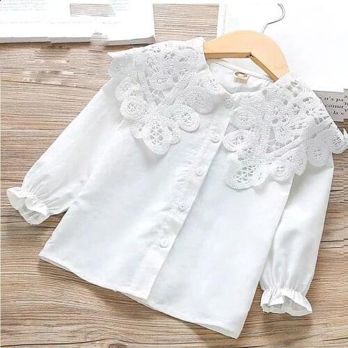 Cotton Baby Girls Shirts Spring Autumn Long Sleeve Lace Collar Kids Blouse Leisure Teens Tops for 6 8 10 12 Years Child Clothing