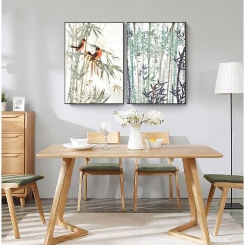Chinese Bamboo Birds Landscape Canvas Paintings Minimalist Wall Art Pictures Poster Print for Living Room Home Office Decor